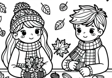 Kinder basteln mit Blättern und Eicheln am Tisch – Ausmalbild Herbst kostenlos