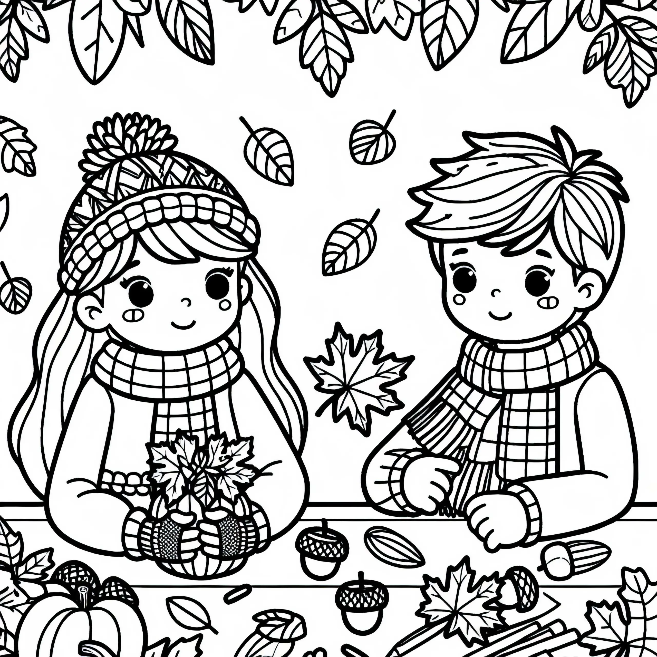 Kinder basteln mit Blättern und Eicheln am Tisch – Ausmalbild Herbst kostenlos