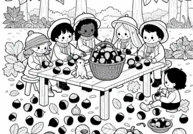 Kinder basteln mit Kastanien am Gartentisch – Malvorlage Herbst gratis