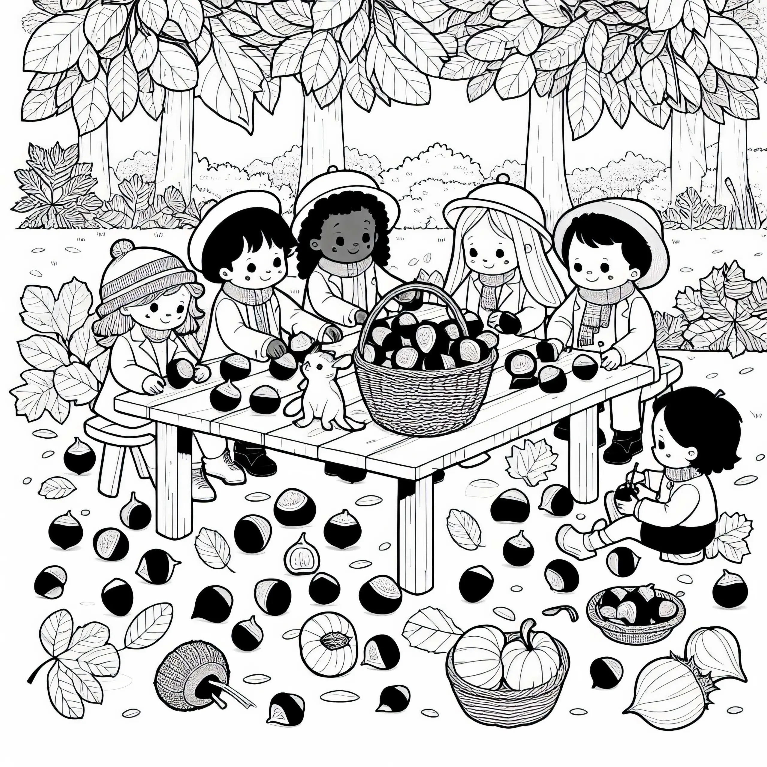 Kinder basteln mit Kastanien am Gartentisch – Malvorlage Herbst gratis (Ausmalbild)