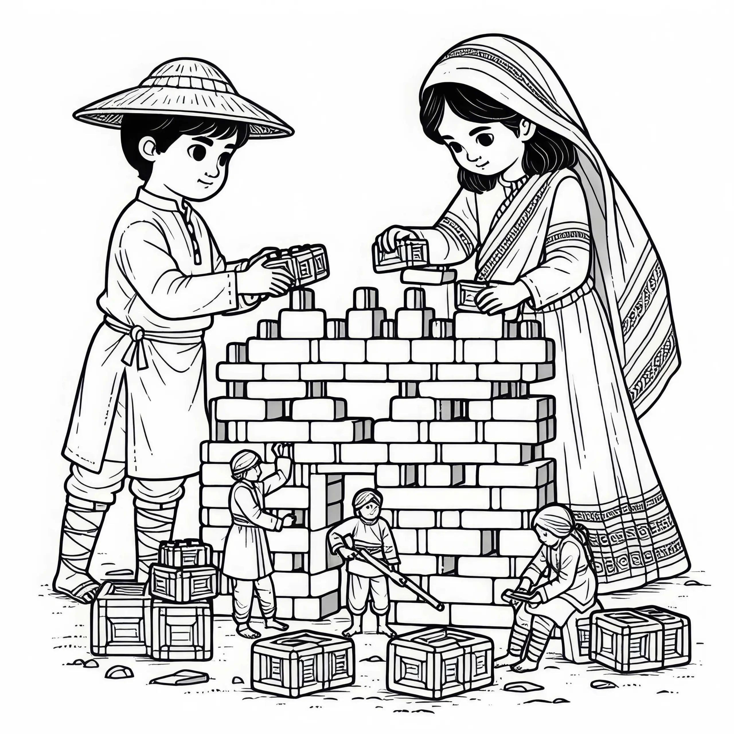 Kinder Bauen Aus Bausteinen Mini-Befestigung Nach Malvorlage Historische Schlachten Kostenlos (Ausmalbild)