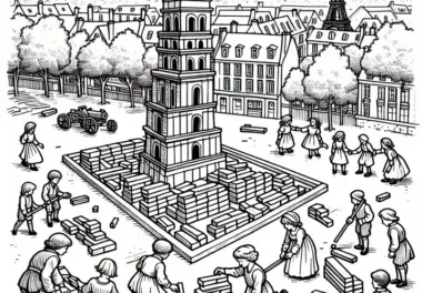 Kinder bauen aus Holzkörpern ein Modell der Bastille – Ausmalbild Französische Revolution kostenlos