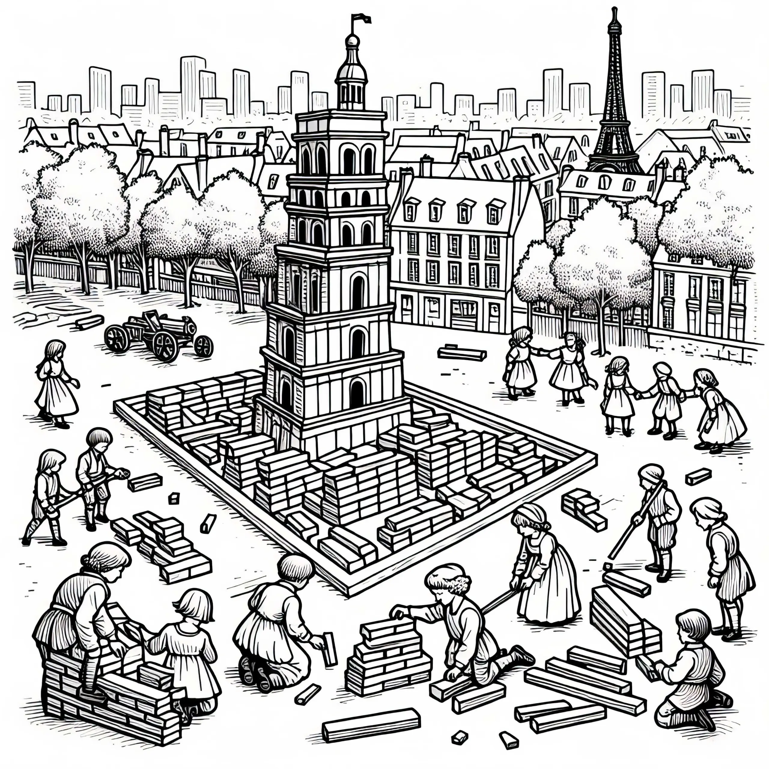 Kinder bauen aus Holzkörpern ein Modell der Bastille – Ausmalbild Französische Revolution kostenlos