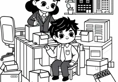 Kinder bauen aus Kartons ein Büro – Malvorlage kostenlos
