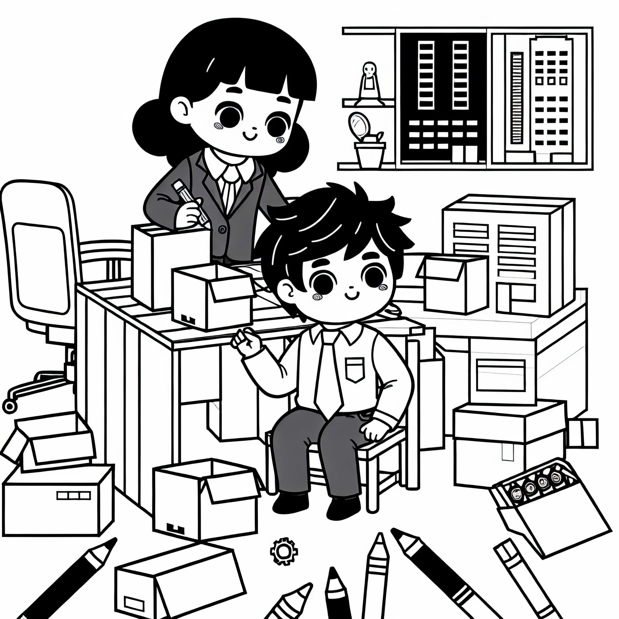 Kinder bauen aus Kartons ein Büro – Malvorlage kostenlos (Ausmalbild)