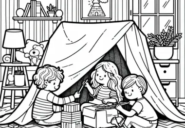 Kinder bauen Deckenburg im Kinderzimmer – Ausmalbild kostenlos