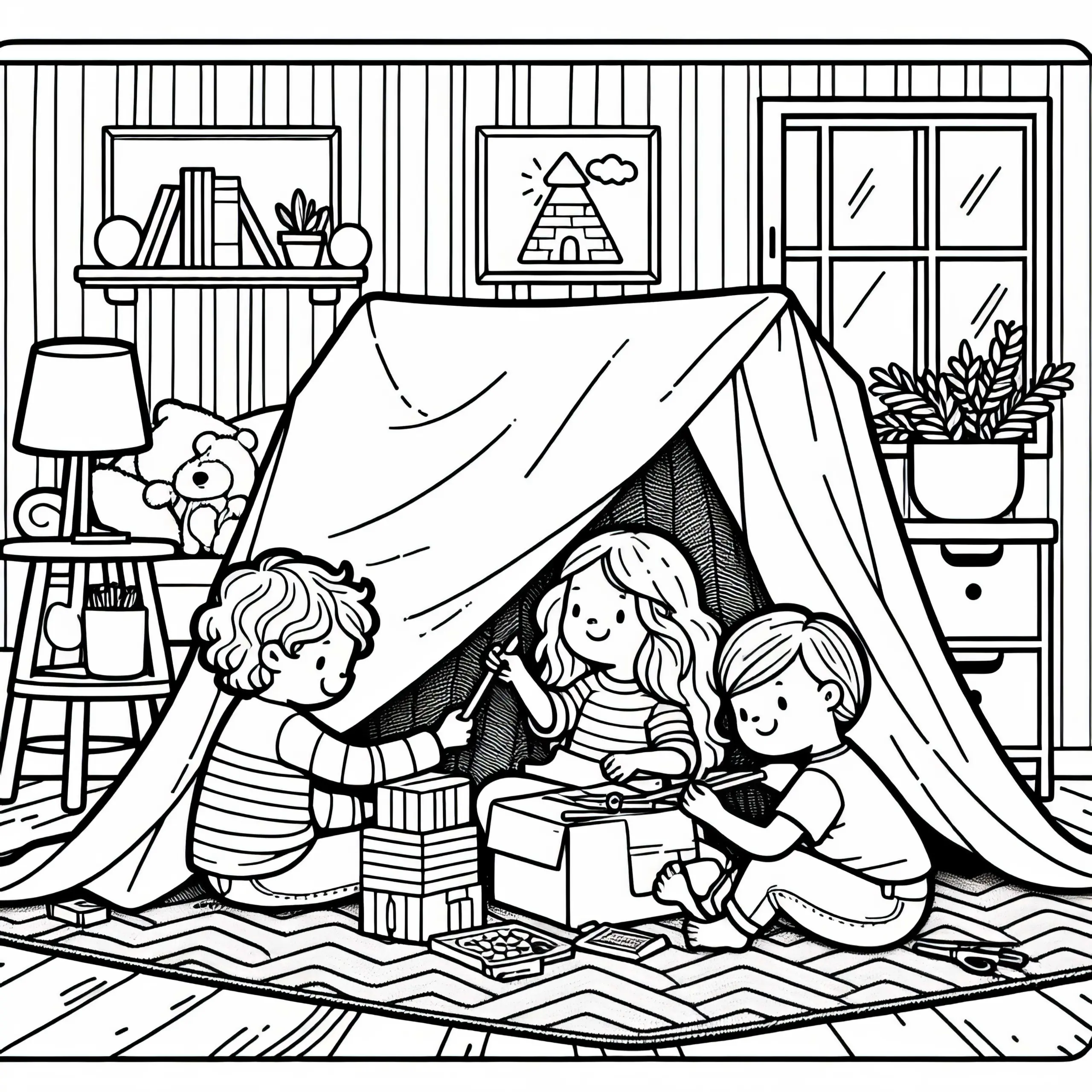 Kinder bauen Deckenburg im Kinderzimmer – Ausmalbild kostenlos