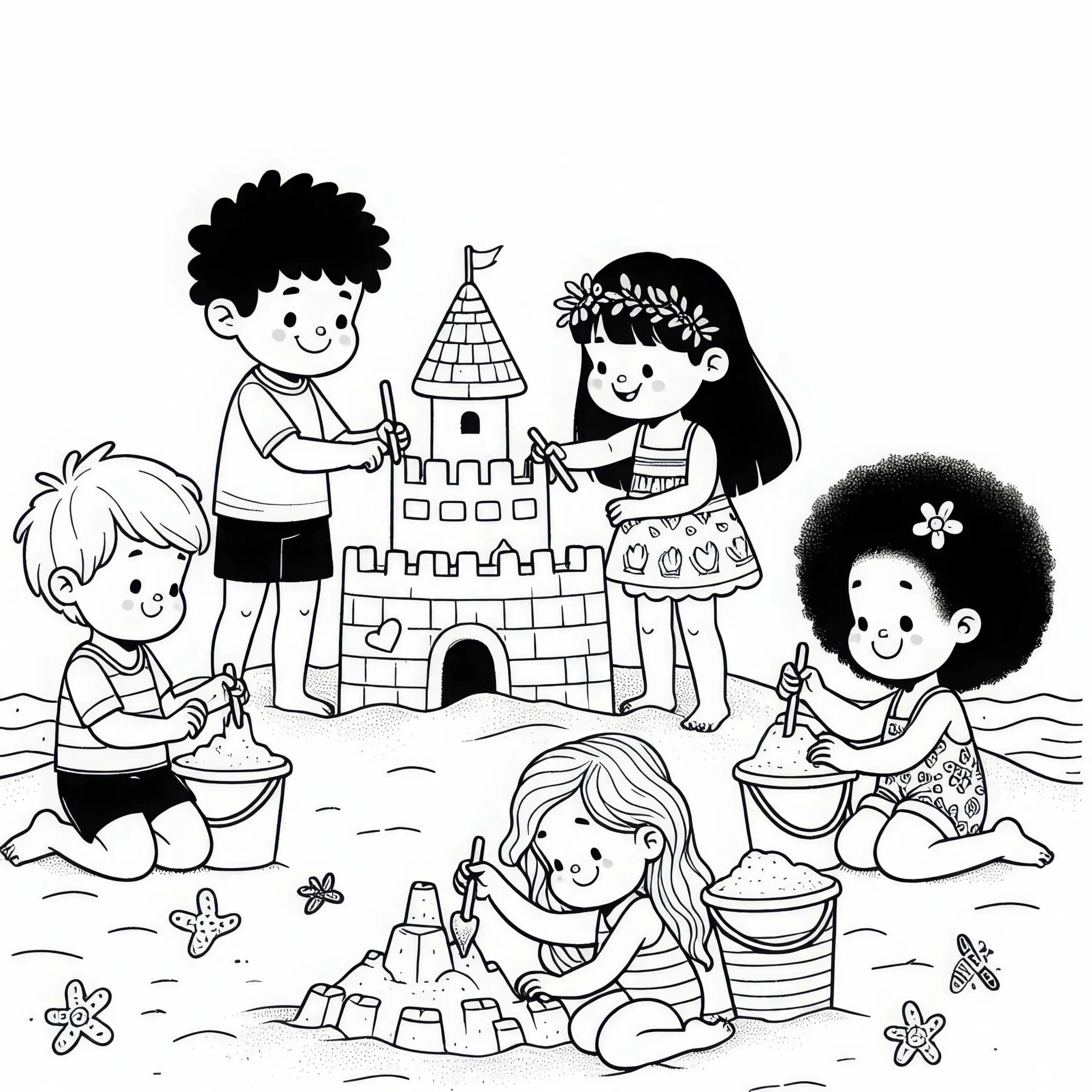 Kinder bauen eine fantasievolle Sandburg am Strand – Malvorlage kostenlos herunterladen (Ausmalbild)