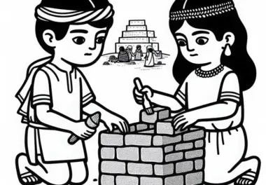 Kinder bauen eine kleine Mauer aus Tonklötzen – Ausmalbild ältester Zivilisationen kostenlos