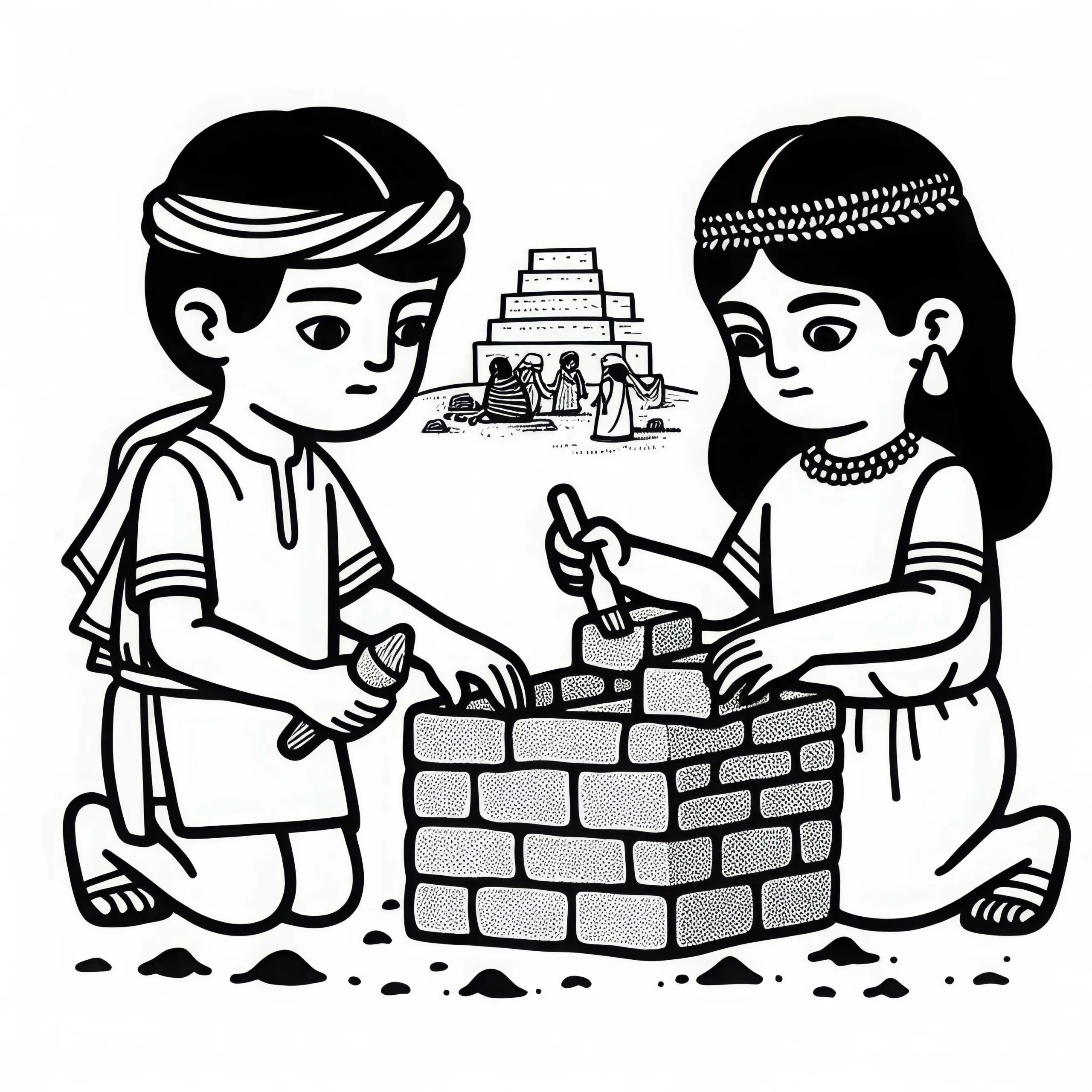 Kinder bauen eine kleine Mauer aus Tonklötzen – Ausmalbild ältester Zivilisationen kostenlos
