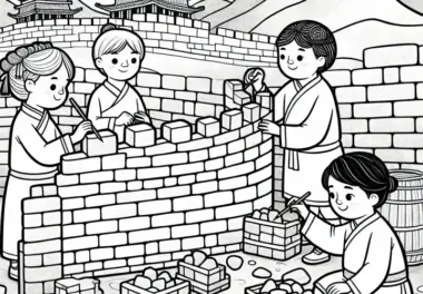 Kinder Bauen Kleines Modell Der Großen Mauer Aus Steinen – Ausmalbild Altes China Gratis