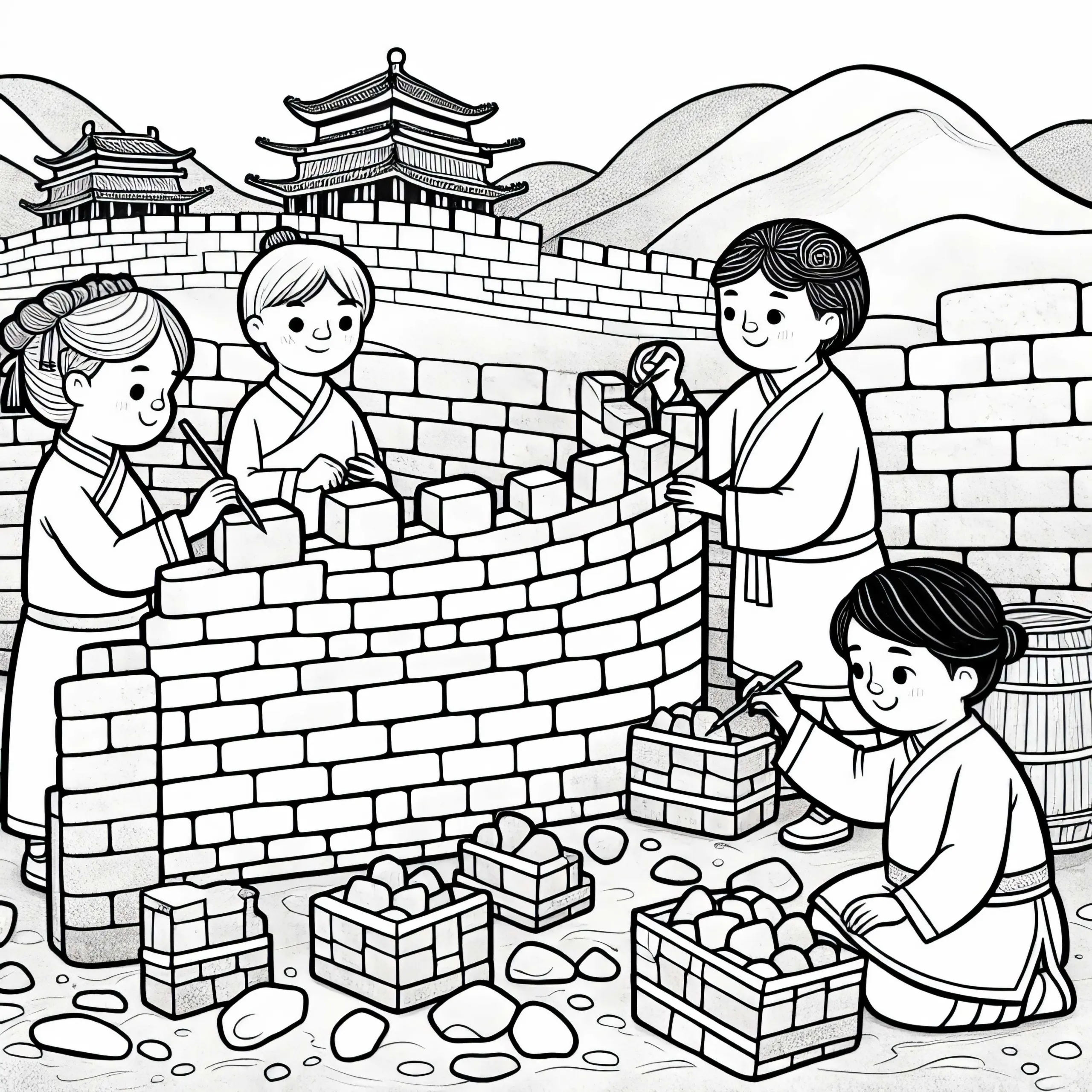Kinder Bauen Kleines Modell Der Großen Mauer Aus Steinen – Ausmalbild Altes China Gratis