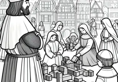 Kinder bauen kleines Spital aus Holzkloetzen inspiriert von Johannitern Ausmalbild Ritterorden gratis