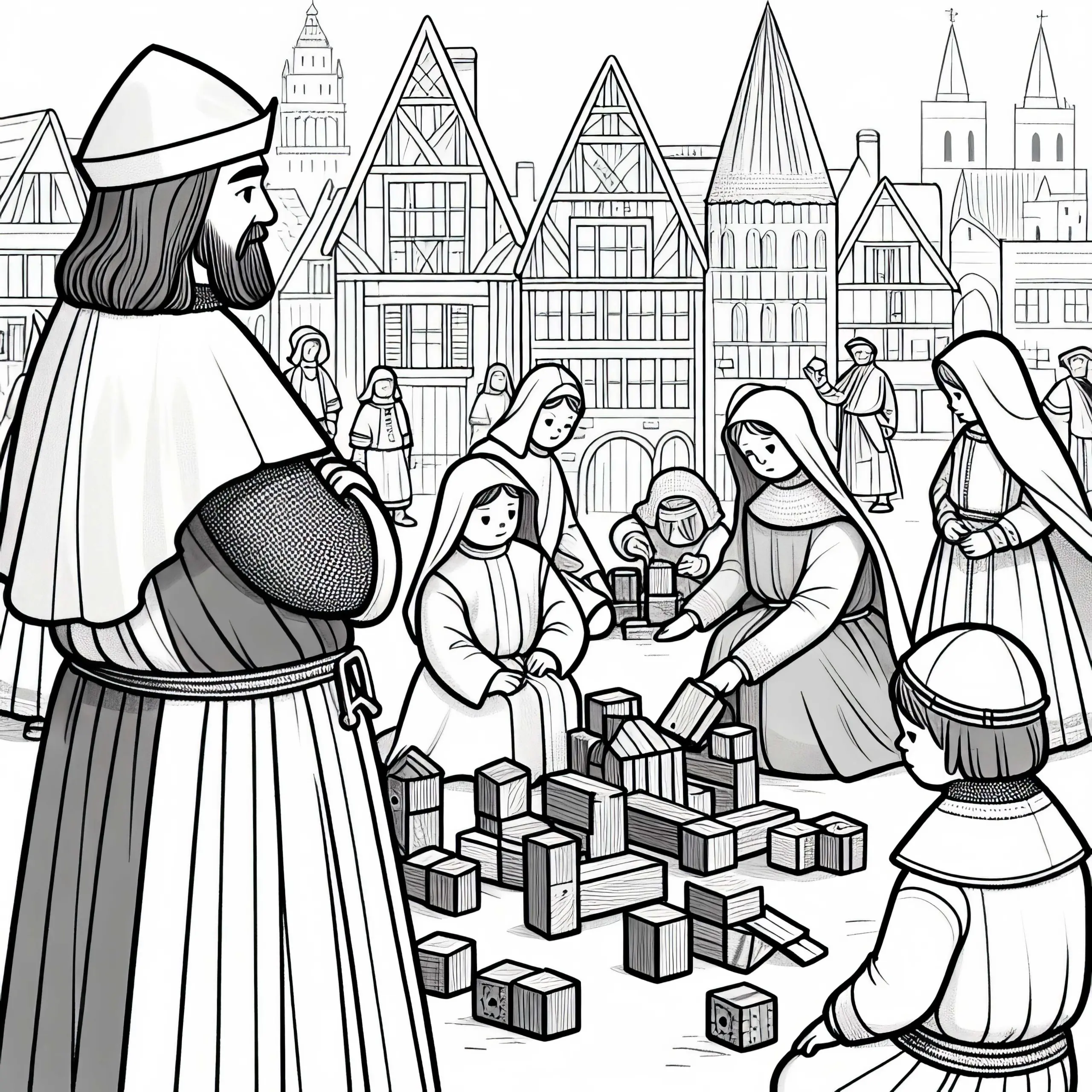 Kinder bauen kleines Spital aus Holzkloetzen inspiriert von Johannitern Ausmalbild Ritterorden gratis