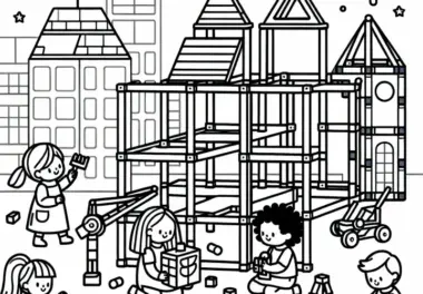 Kinder bauen kreative Konstruktionen – Ausmalbild kostenlos