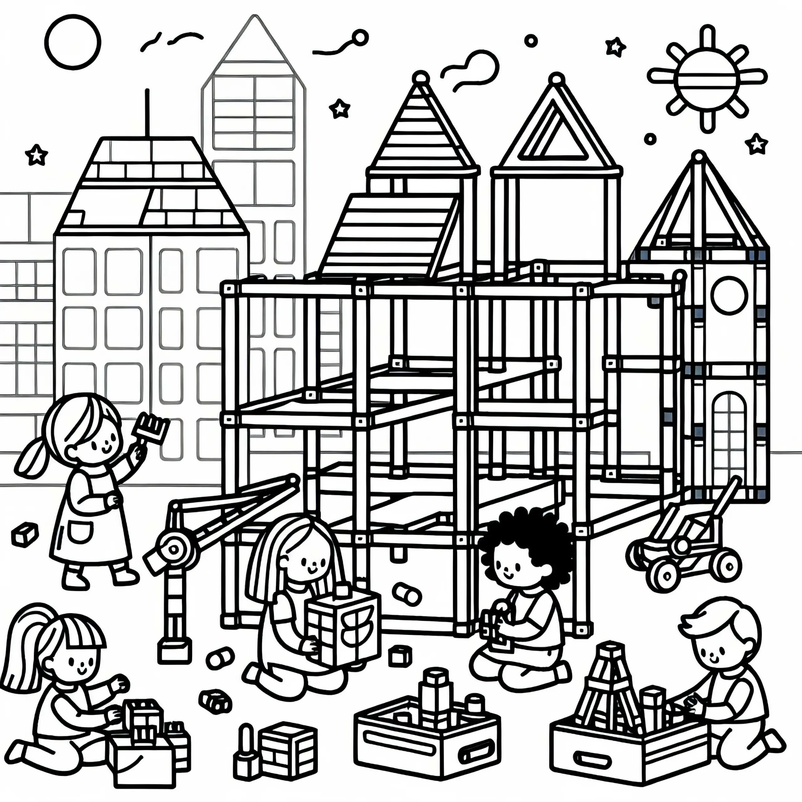 Kinder bauen kreative Konstruktionen – Ausmalbild kostenlos