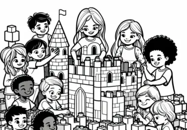 Kinder bauen eine riesige Burg aus Steckbausteinen – Ausmalbild kostenlos