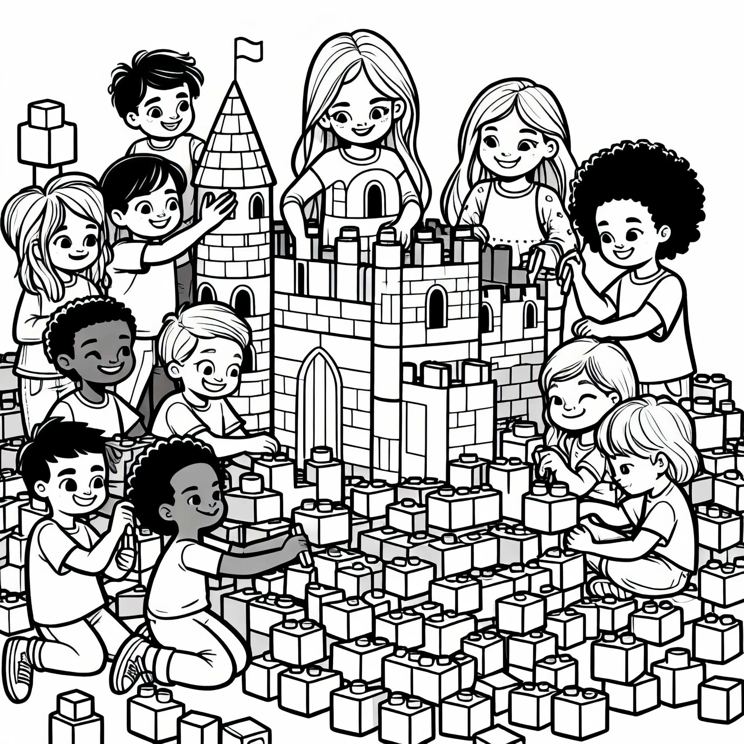 Kinder bauen eine riesige Burg aus Steckbausteinen – Ausmalbild kostenlos