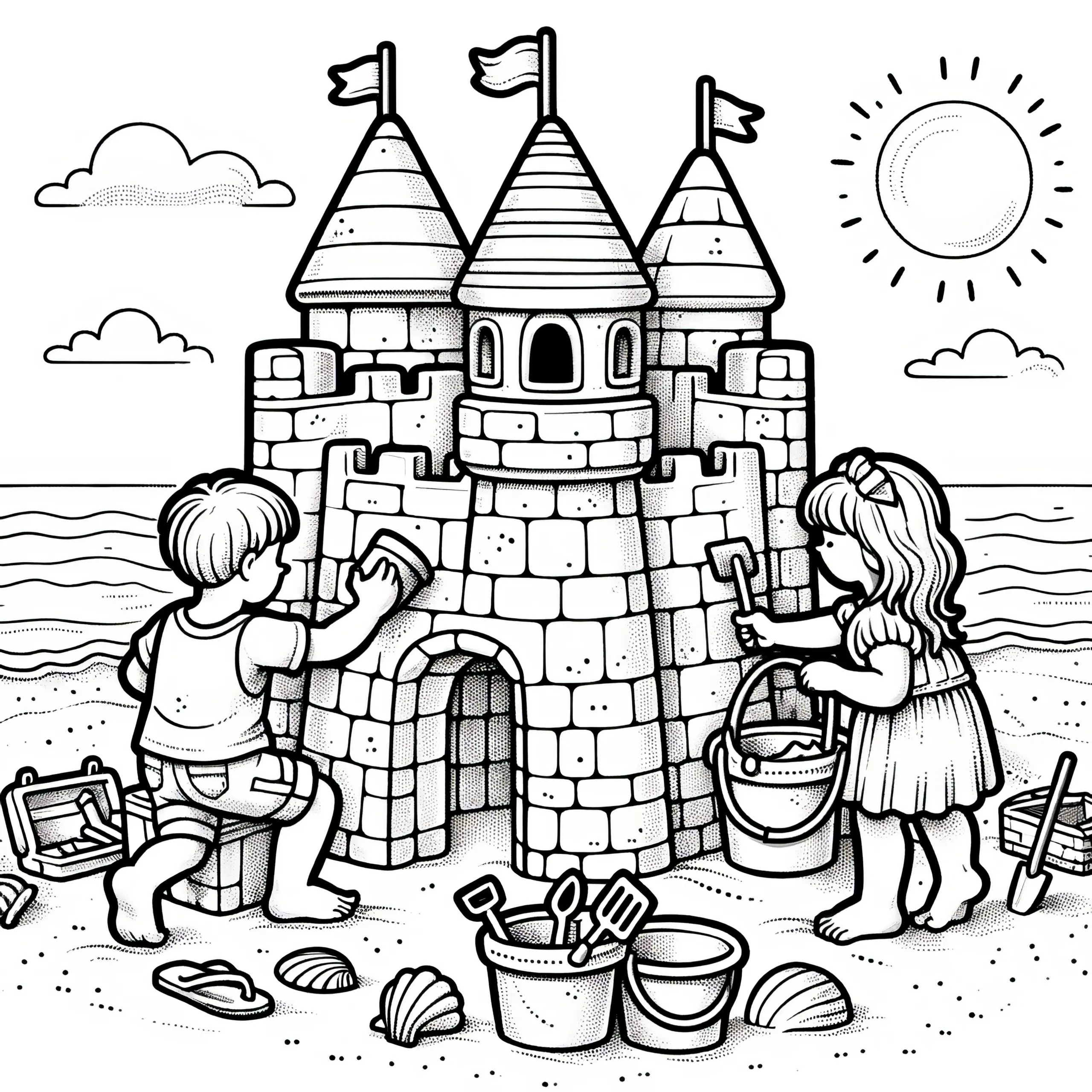 Kinder bauen riesige Sandburg: Dein grandioses Ausmalbild herunterladen (Gratis)