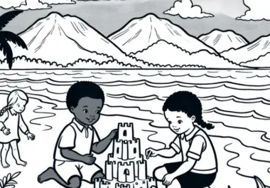 Kinder bauen Sandburg am Meer – Ausmalbild Küstenlandschaft Gratis