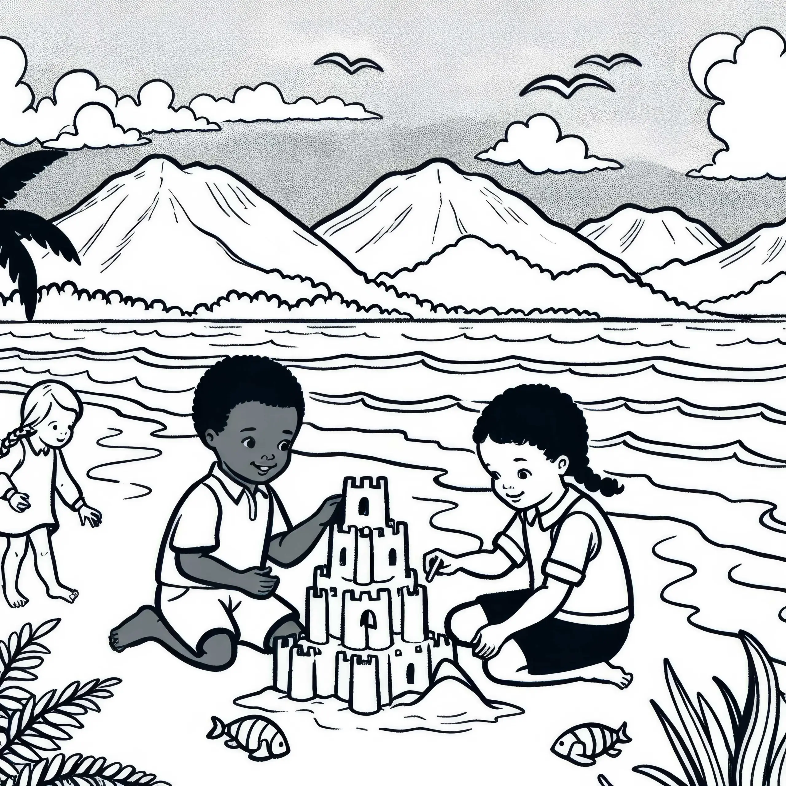 Kinder bauen Sandburg am Meer – Ausmalbild Küstenlandschaft Gratis