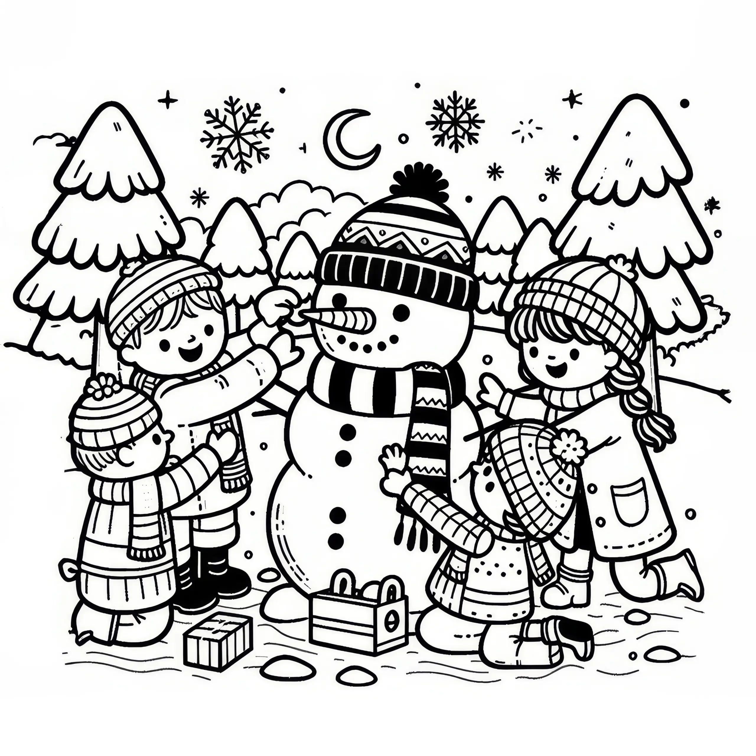 Kinder bauen Schneemann mit Karottennase und Schal (Kostenlos) (Ausmalbild)