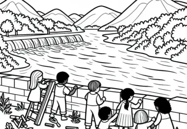 Kinder Bauen Staudamm in Flusslandschaft – Ausmalbild Kostenlos