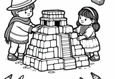 Kinder bauen ein Steinmodell eines Inka-Tempels – kostenloses Ausmalbild