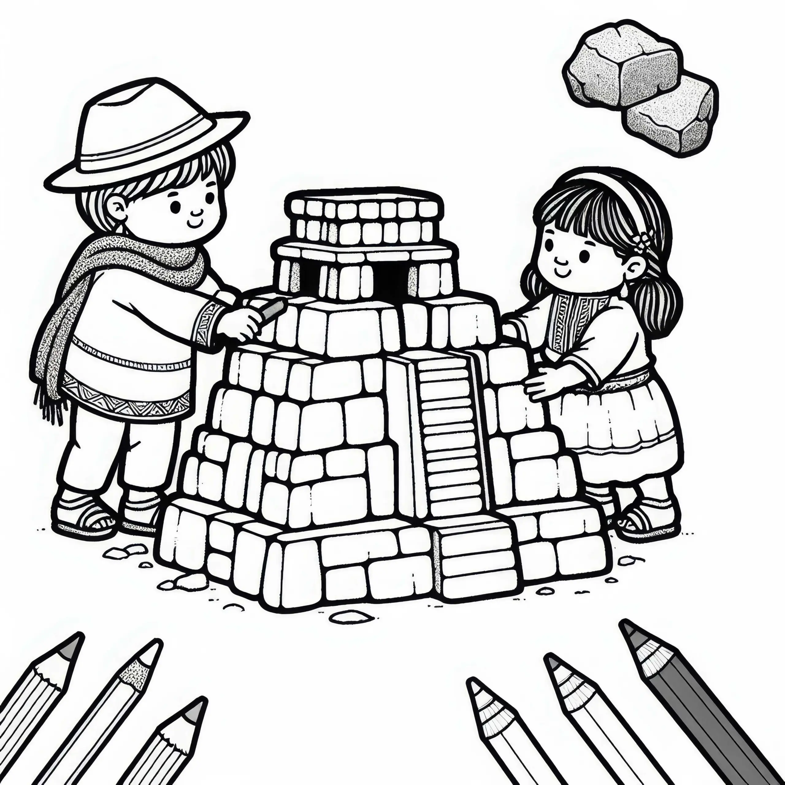 Kinder bauen ein Steinmodell eines Inka-Tempels – kostenloses Ausmalbild