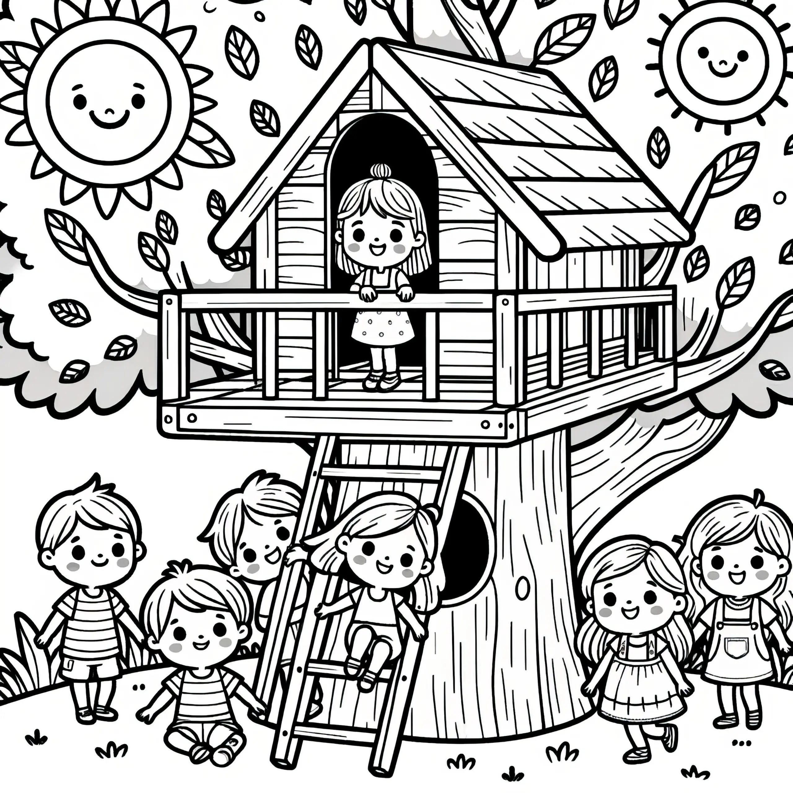 Kinder im Baumhaus: Malvorlage zum Download (Kostenlos) (Ausmalbild)
