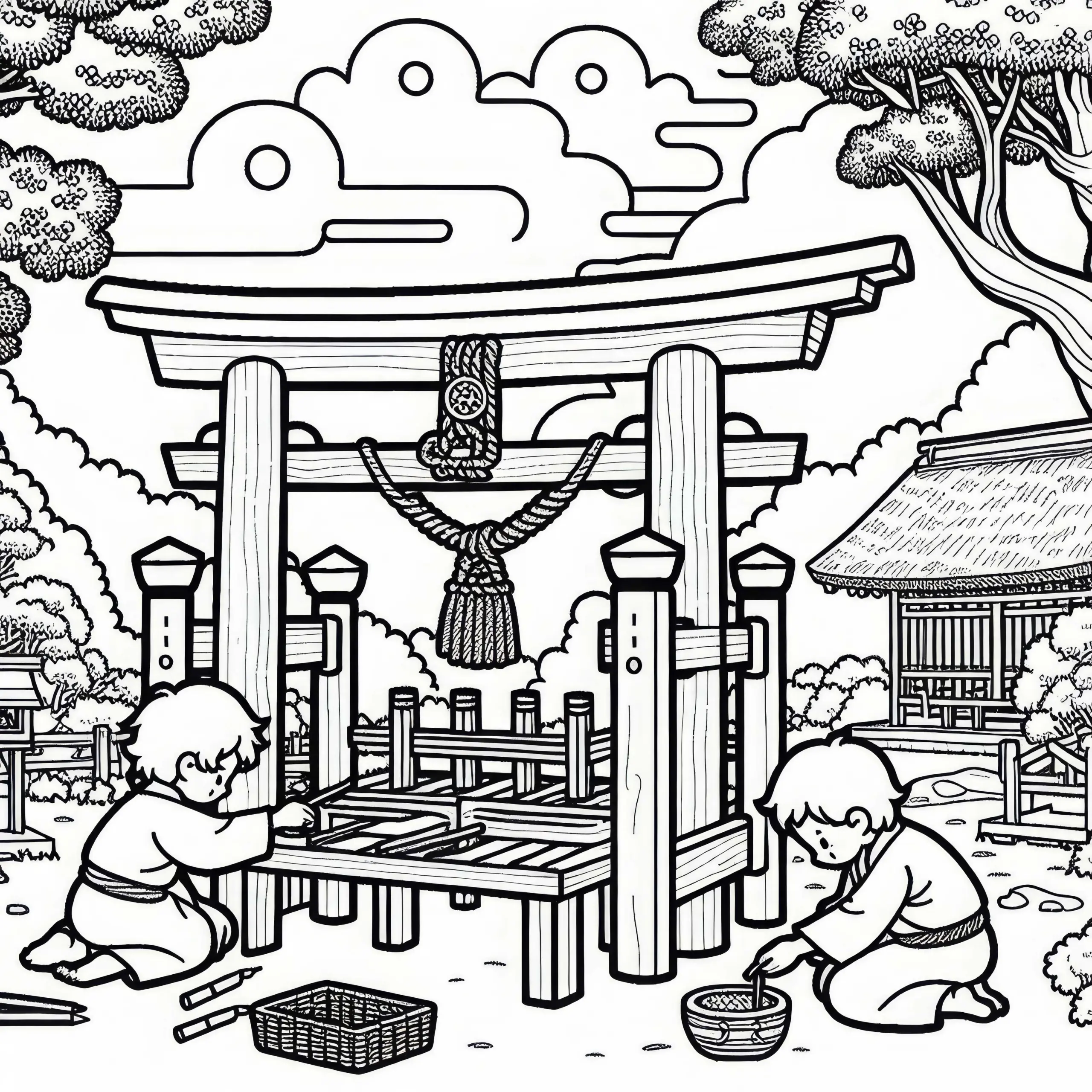 Kinder bei Torii-Schrein – Tor aus Holz – Malvorlage – Altes Japan – Gratis (Ausmalbild)