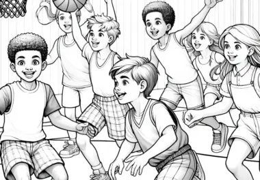 Kinder beim Basketball – Ausmalbild kostenlos herunterladen