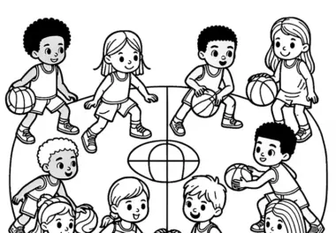 Ausmalbild für Kinder beim Basketball – Kostenlos herunterladen