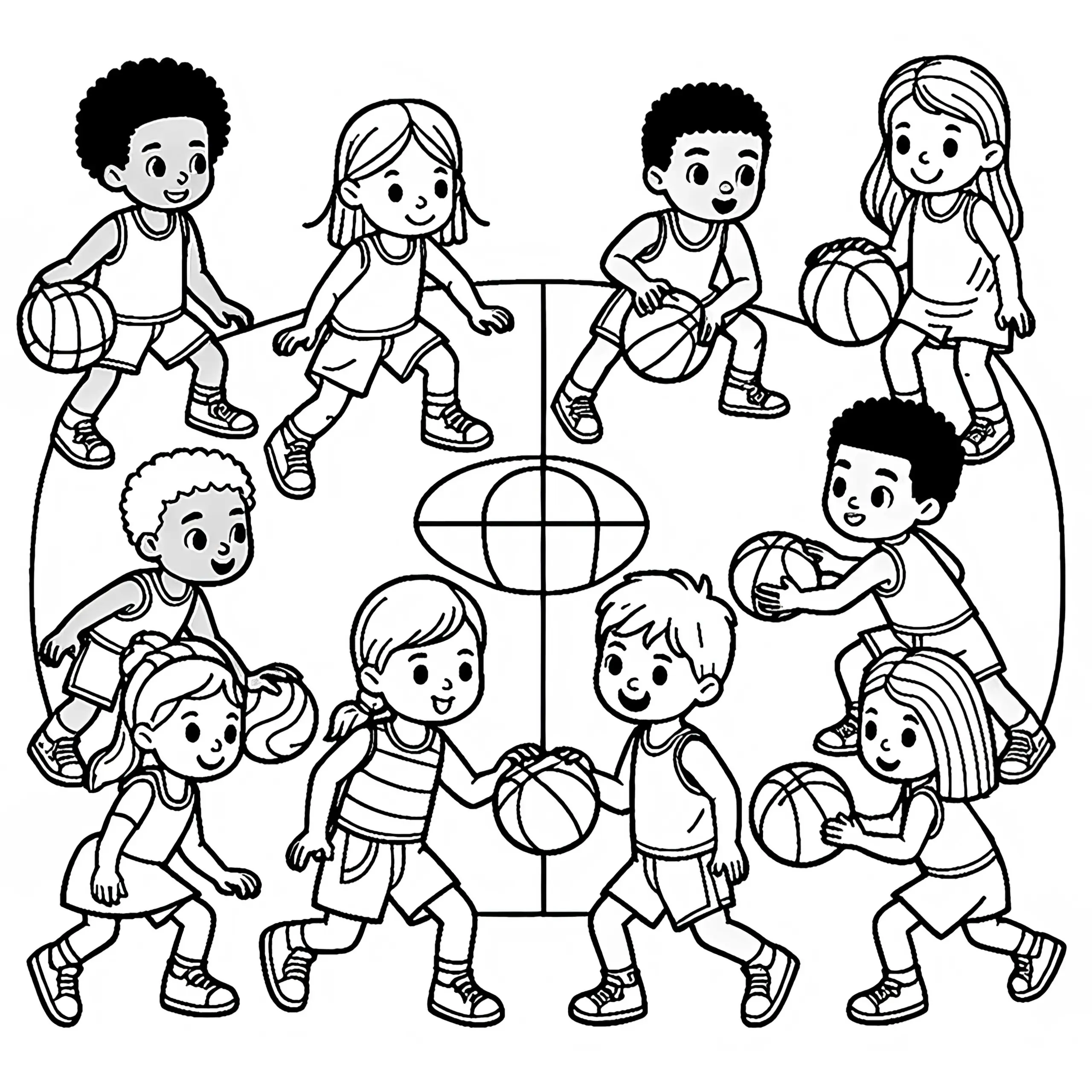 Ausmalbild für Kinder beim Basketball – Kostenlos herunterladen