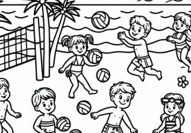 Kinder beim Beachvolleyball – Ausmalbild kostenlos herunterladen