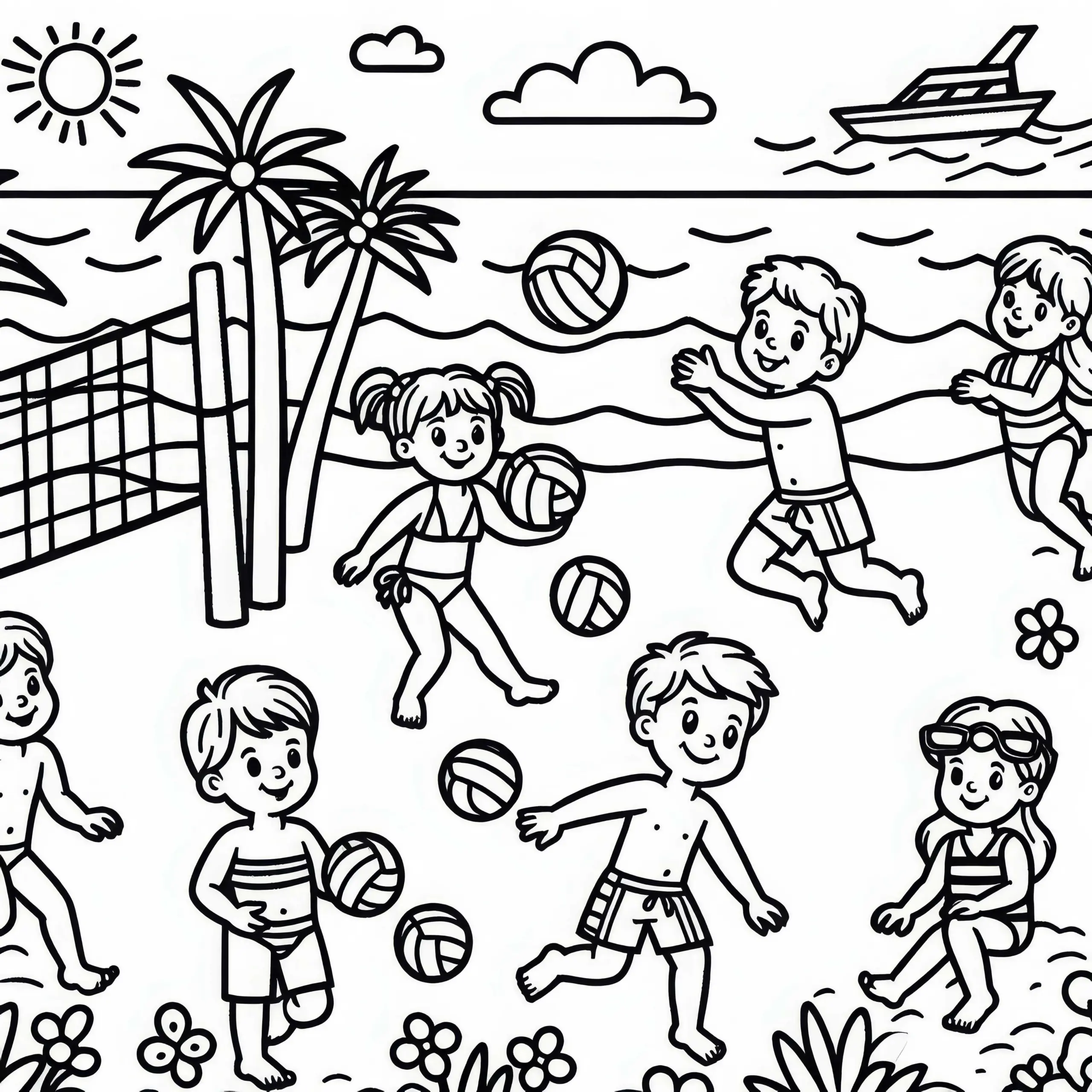 Kinder beim Beachvolleyball – Ausmalbild kostenlos herunterladen