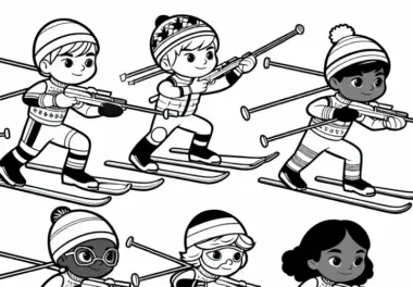 Kinder beim Biathlon – Ausmalbild einfach kostenlos herunterladen