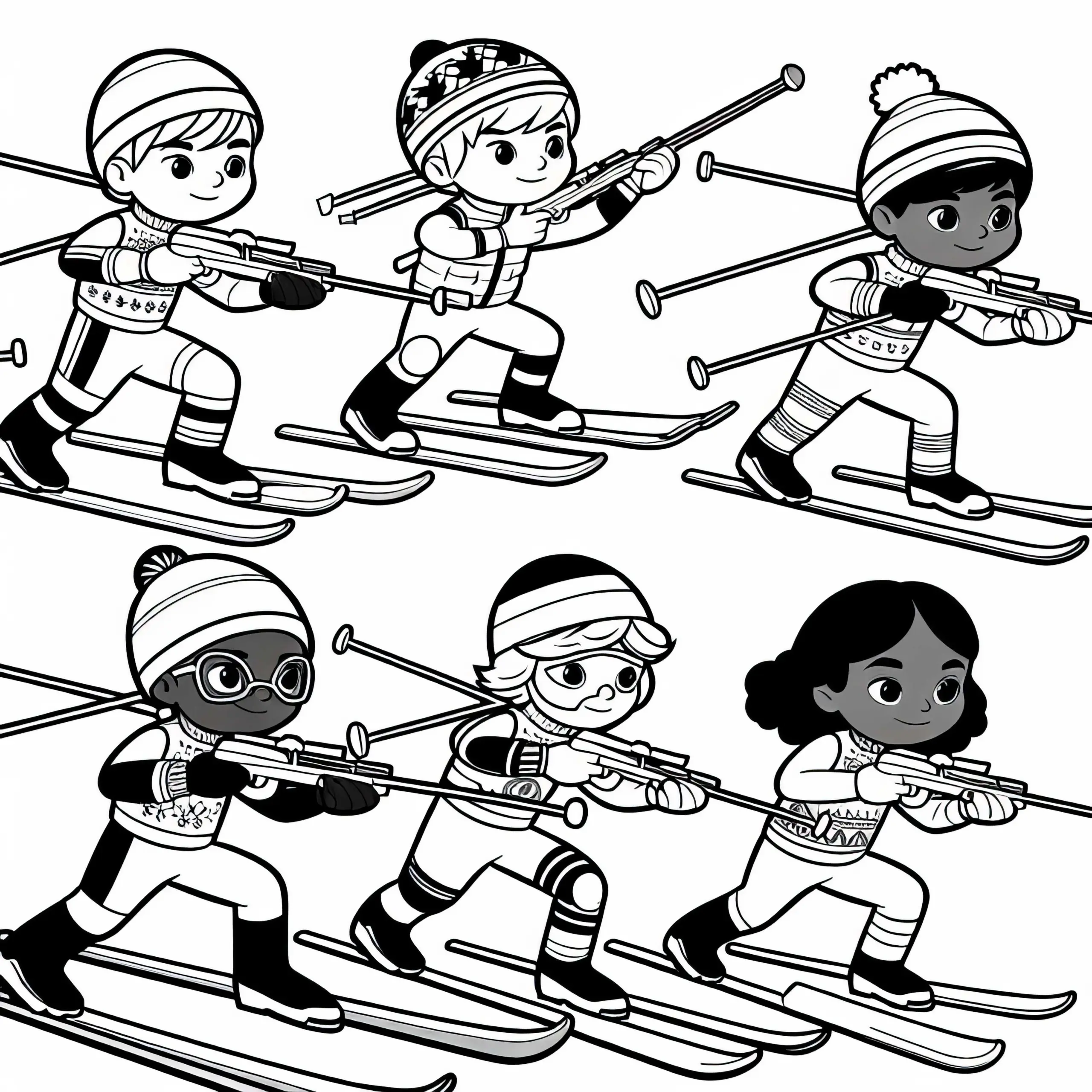 Kinder beim Biathlon – Ausmalbild einfach kostenlos herunterladen