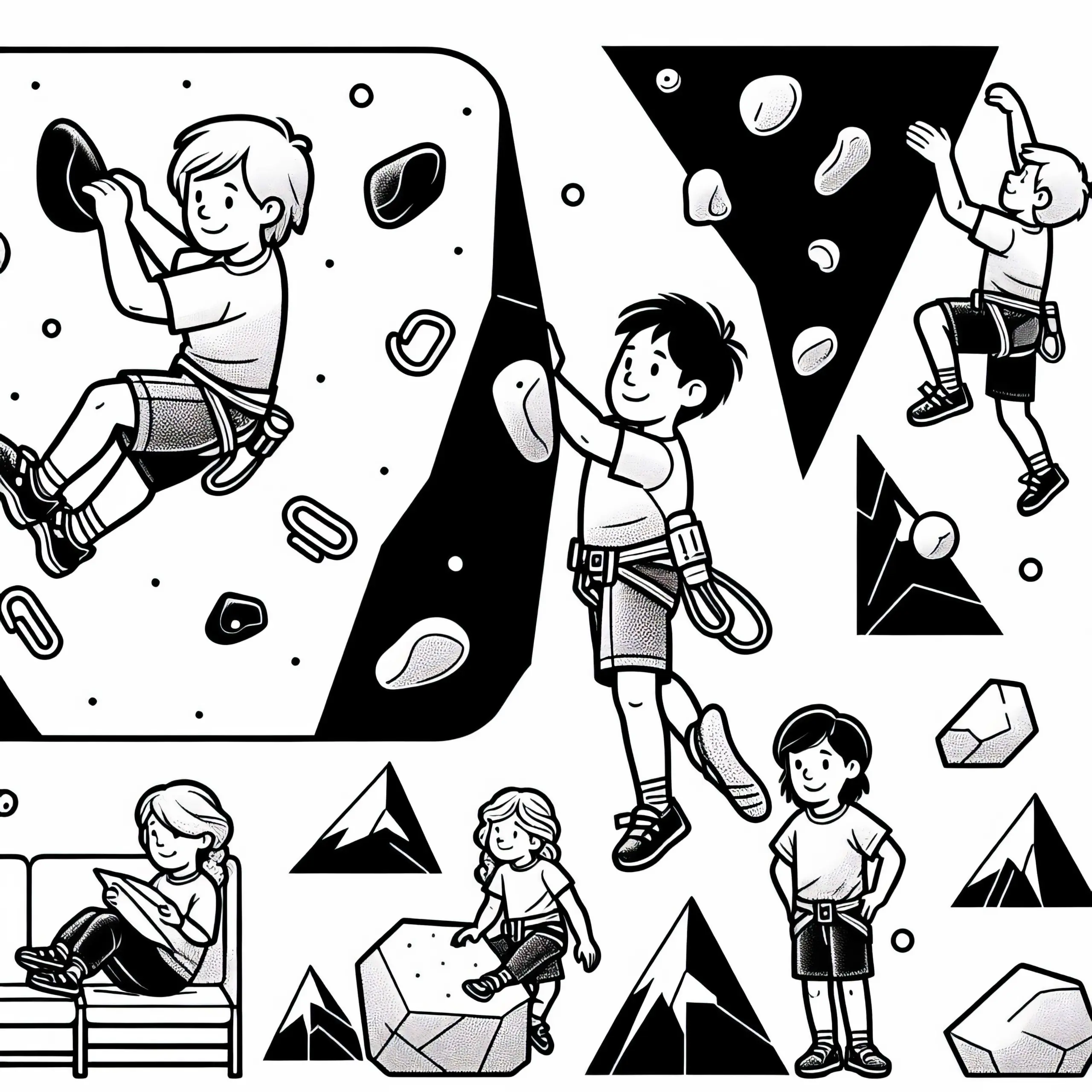 Kinder beim Bouldern – Malvorlage gratis (Ausmalbild)
