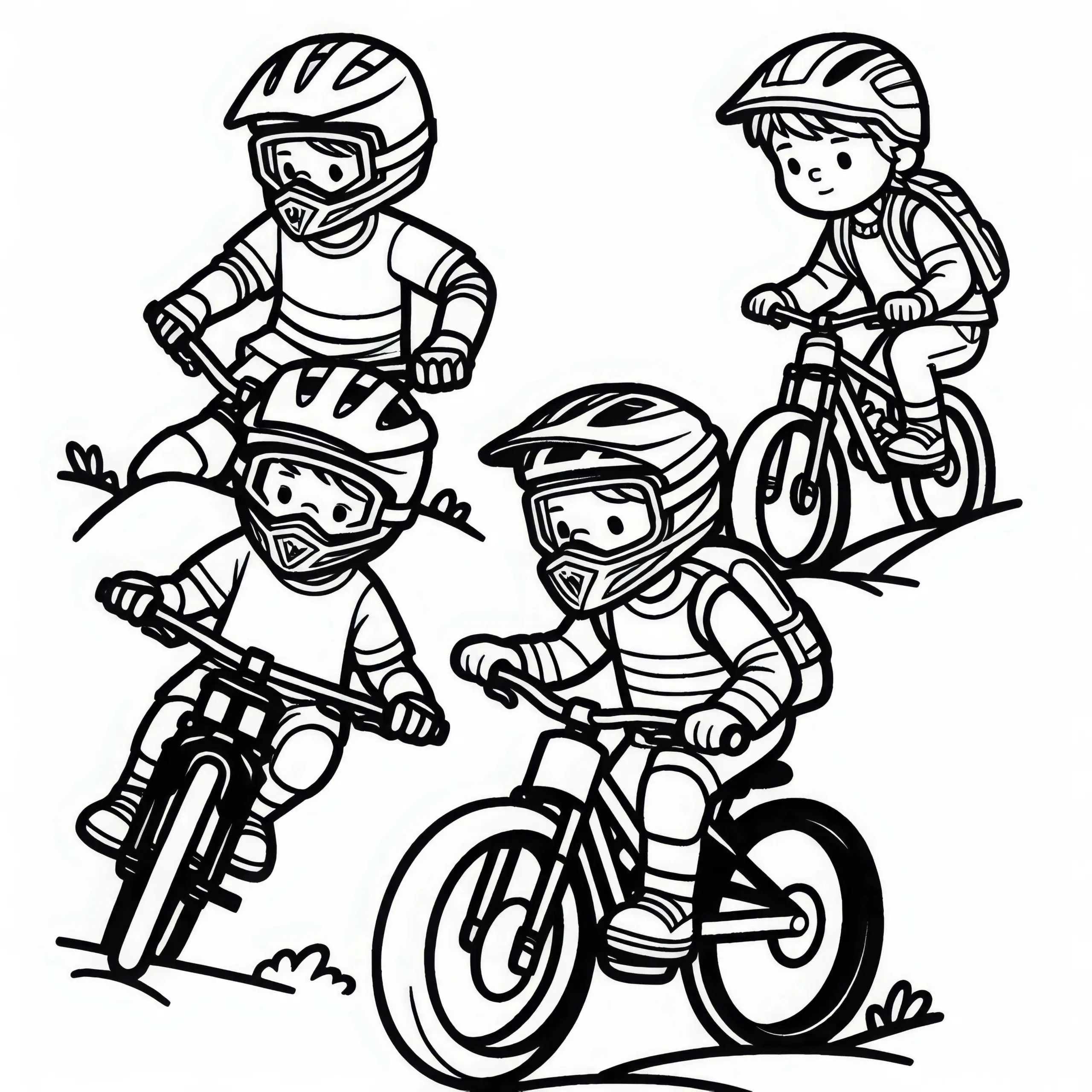 Kinder beim Downhill-Mountainbiking – Ausmalbild kostenlos