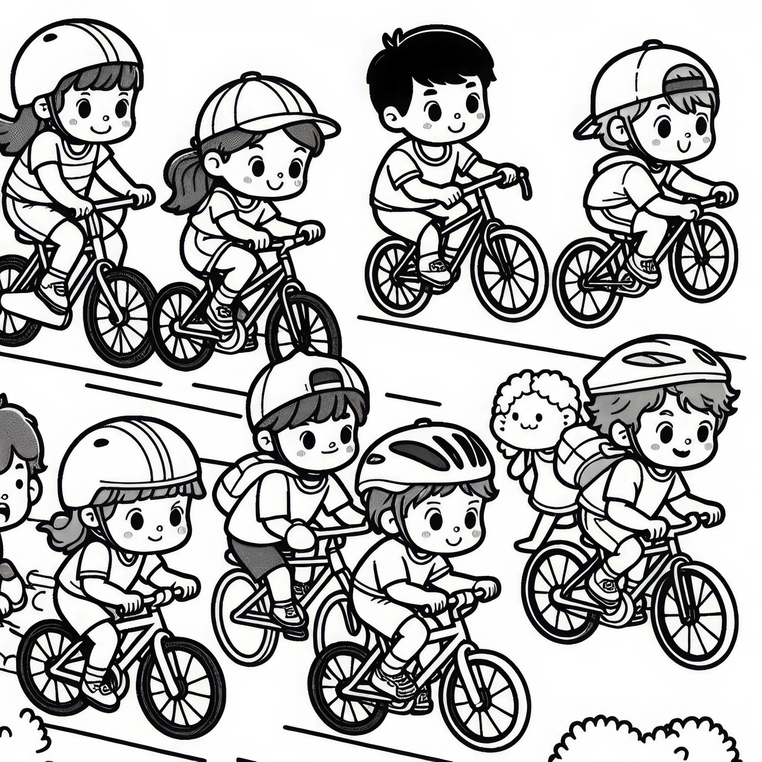 Kinder beim Fahrradrennen Ausmalvorlage kostenlos (Ausmalbild)