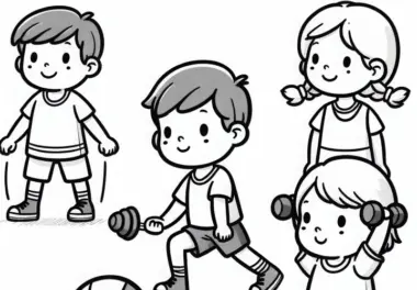 Kinder beim Fitnesstraining – Ausmalvorlage einfach und gratis