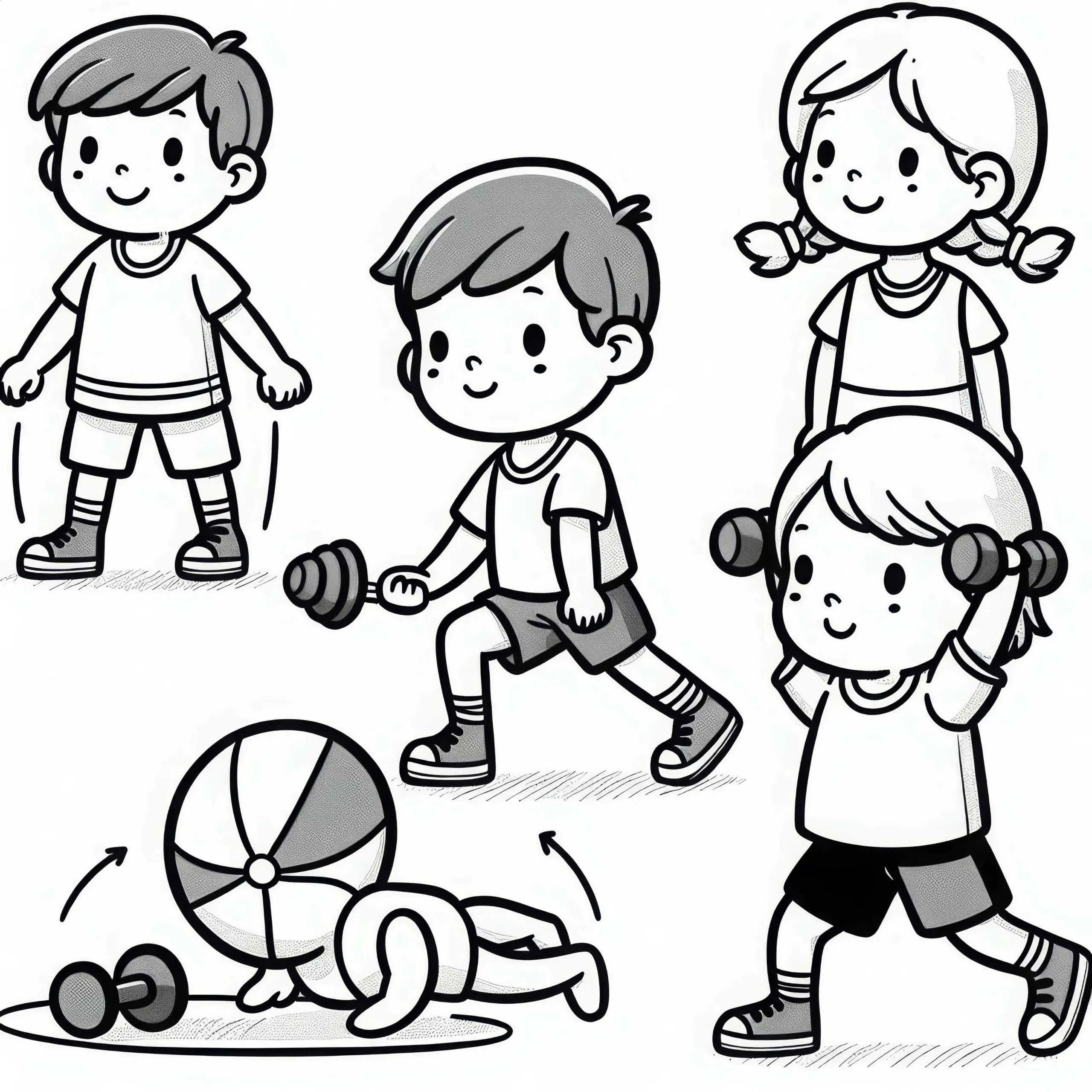 Kinder beim Fitnesstraining – Ausmalvorlage einfach und gratis (Ausmalbild)