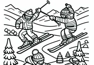 Kinder beim Freestyle-Skiing – Ausmalbild einfach gratis