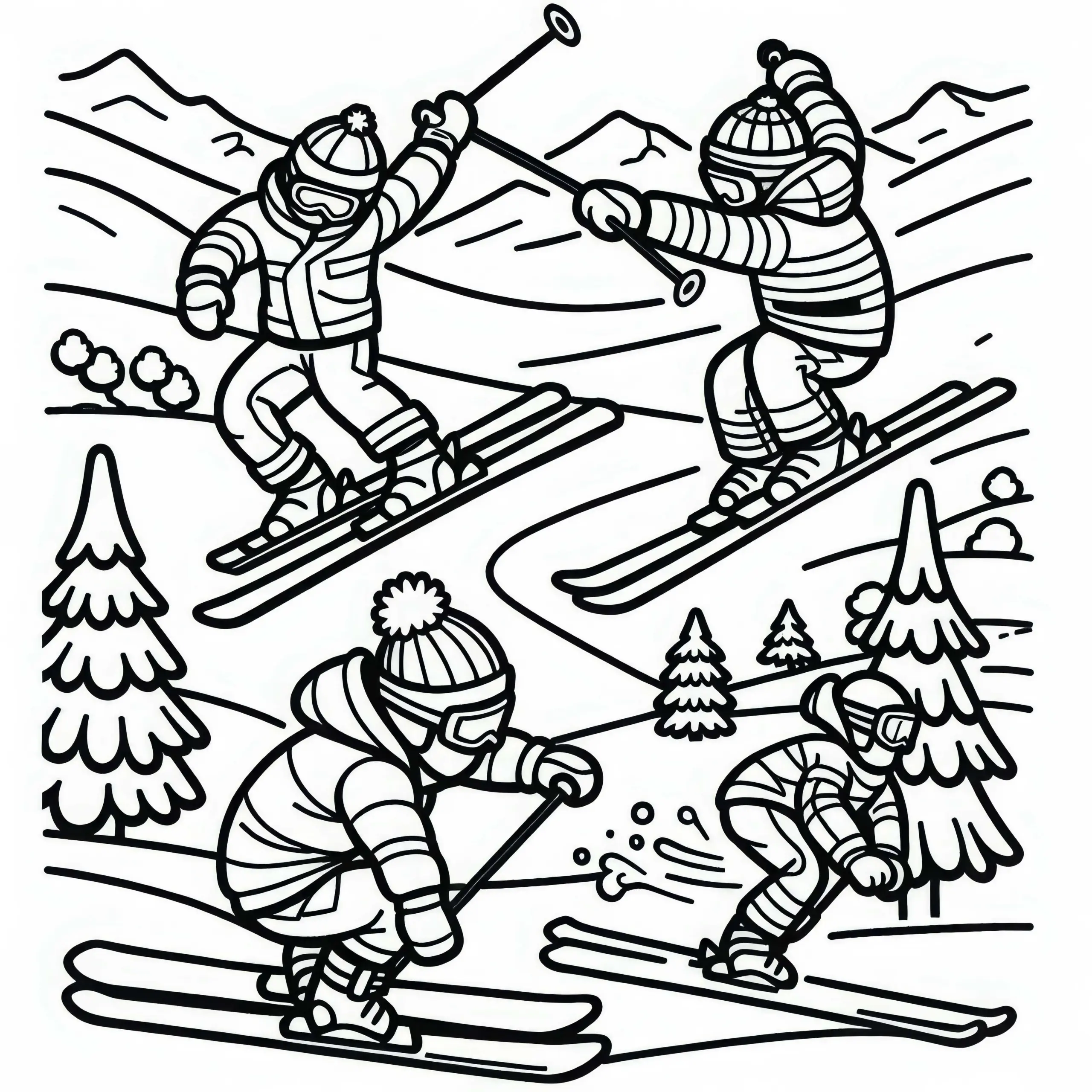 Kinder beim Freestyle-Skiing – Ausmalbild einfach gratis