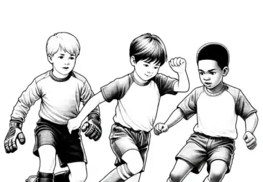 Kinder beim Fußballspiel – Malvorlage in detailreicher Ausführung