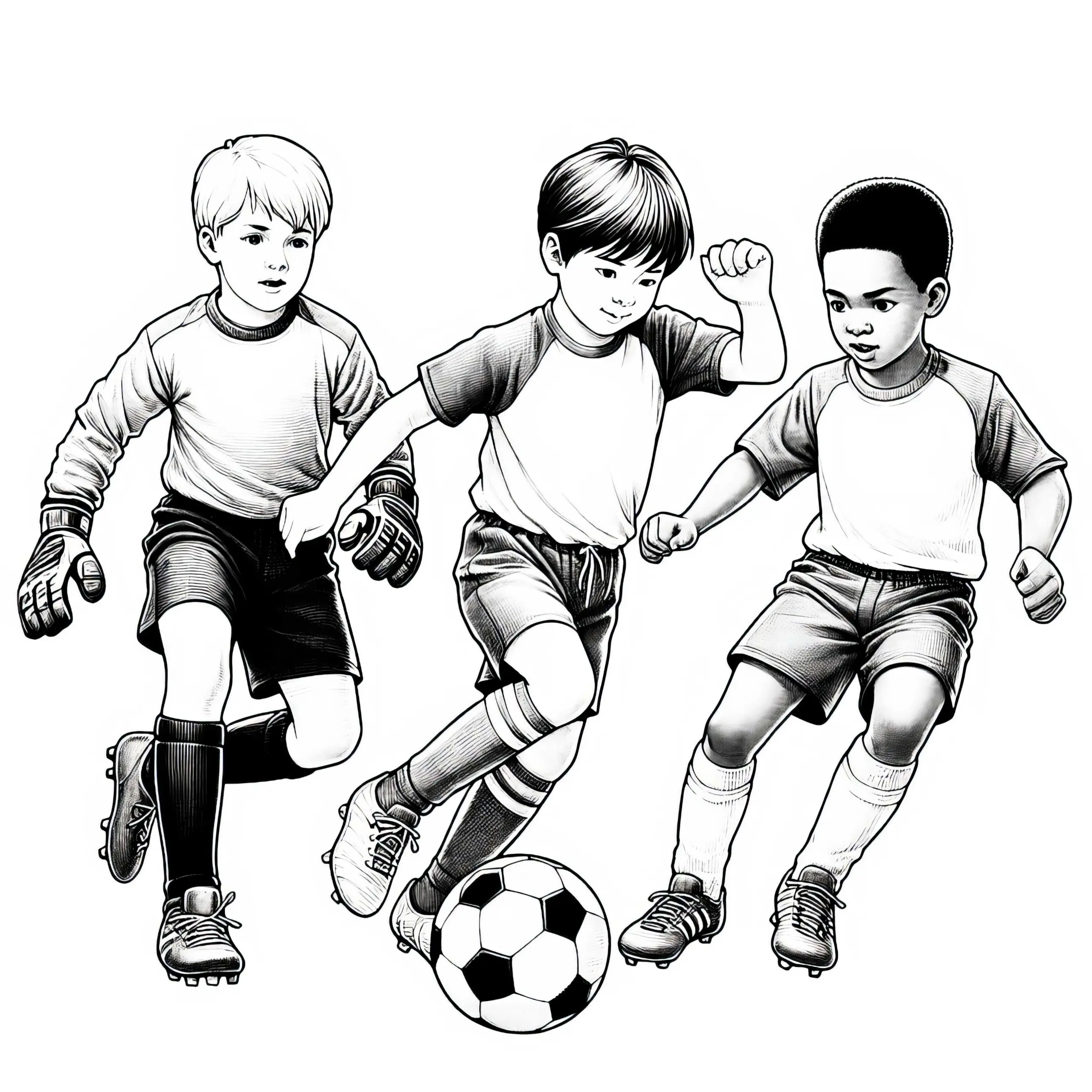 Kinder beim Fußballspiel – Malvorlage in detailreicher Ausführung (Ausmalbild)
