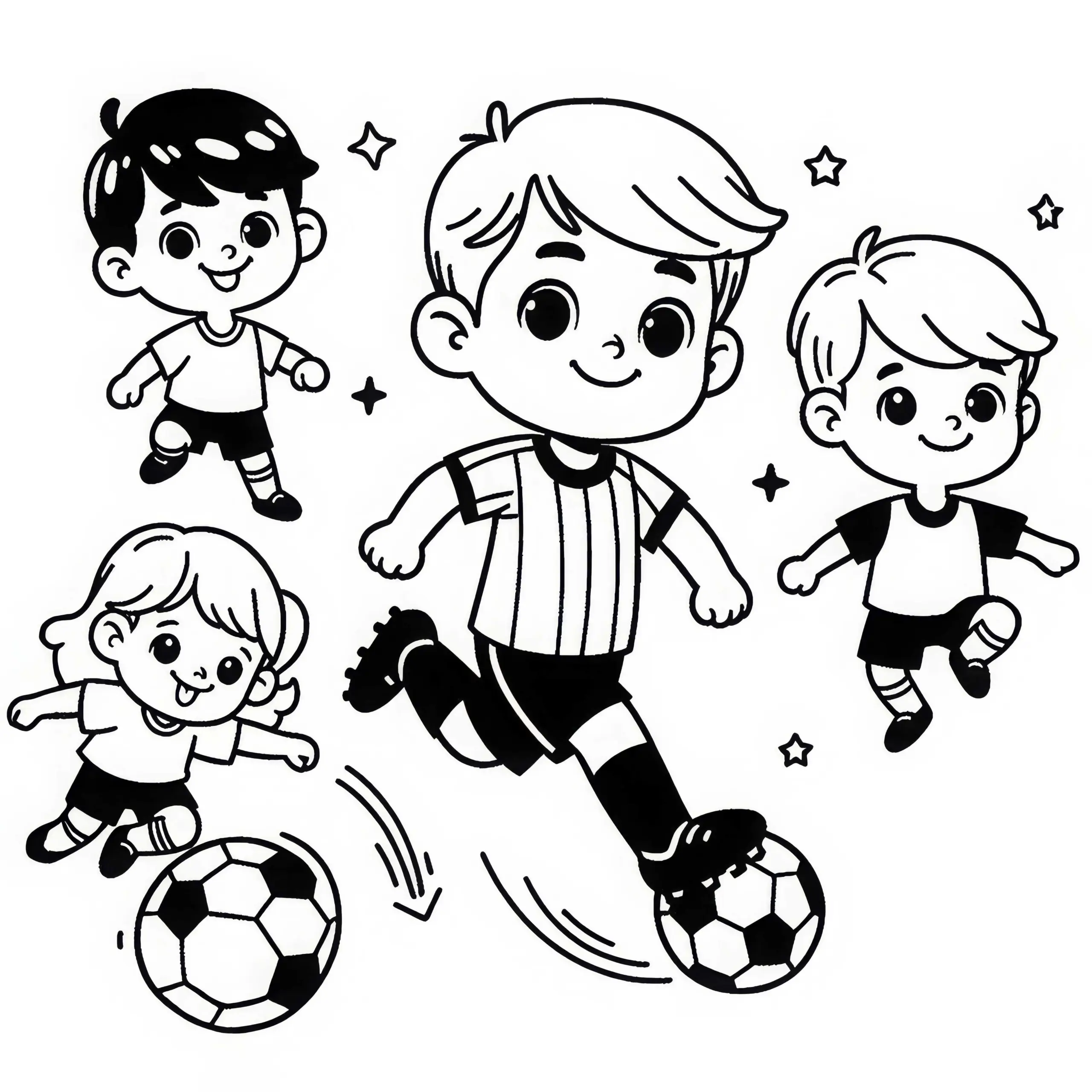 Kinder beim Fußballspiel – Malvorlage Einfach Gratis (Ausmalbild)