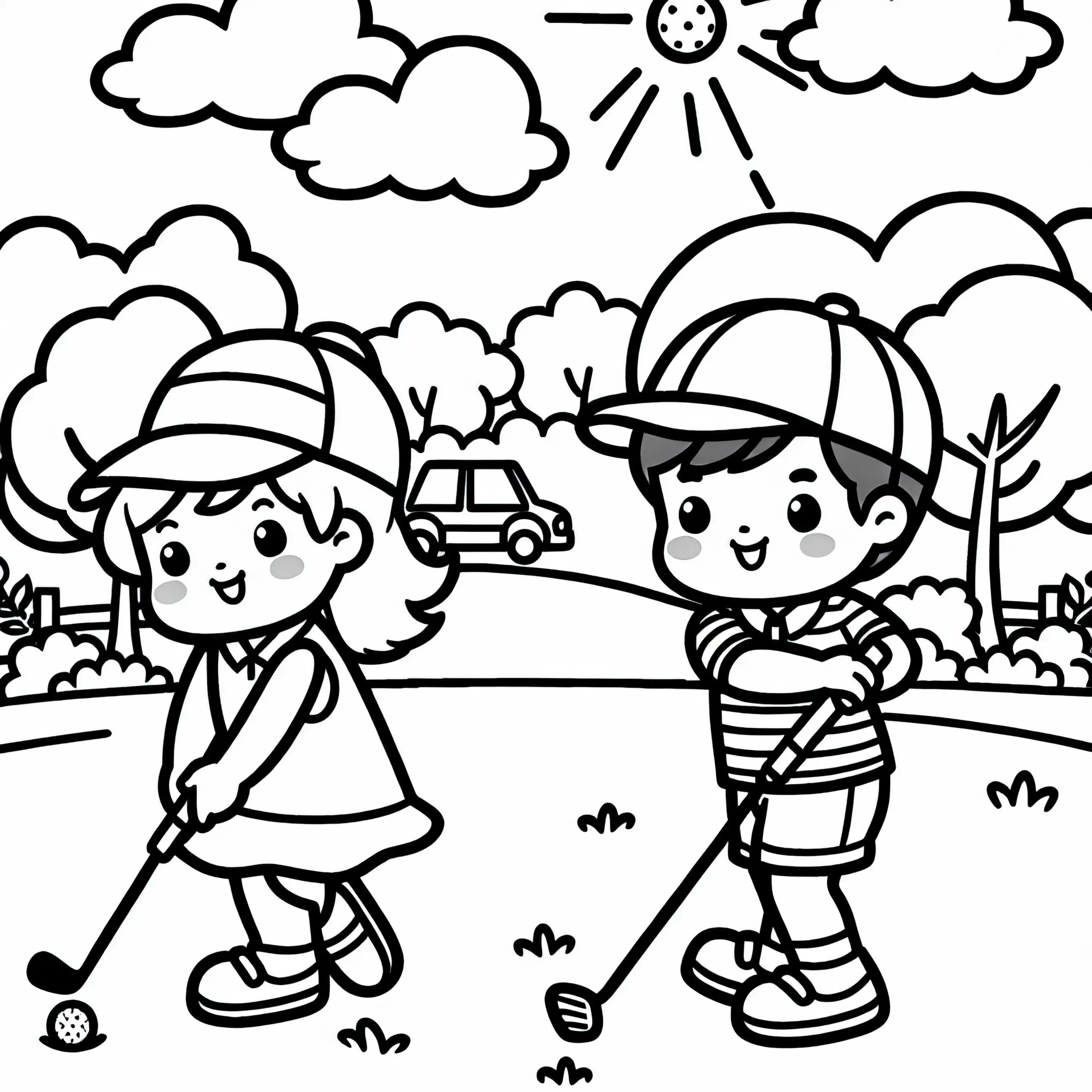 Kinder beim Golfen – Malvorlage kostenlos (Ausmalbild)