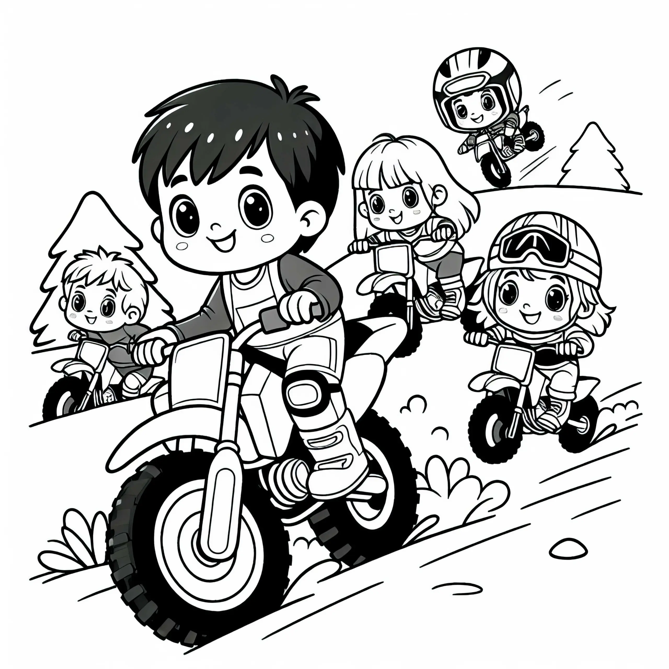 Kinder beim Motorradsport Ausmalbild kostenlos herunterladen